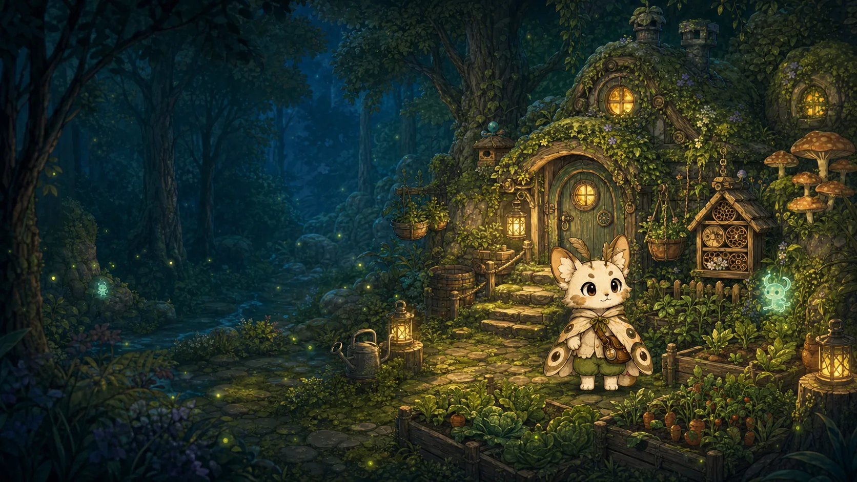 Pollen tending a lantern-lit garden beside a mossy cottage in Mossbell.