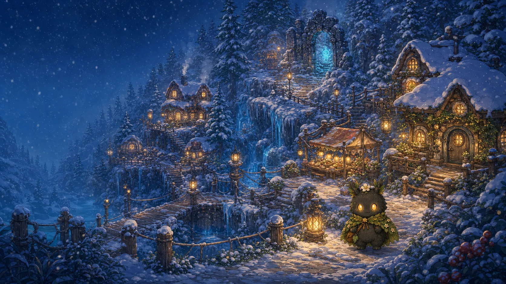 Wisp standing by a lantern in a snow-covered Mossbell village beneath a glowing stone gateway.